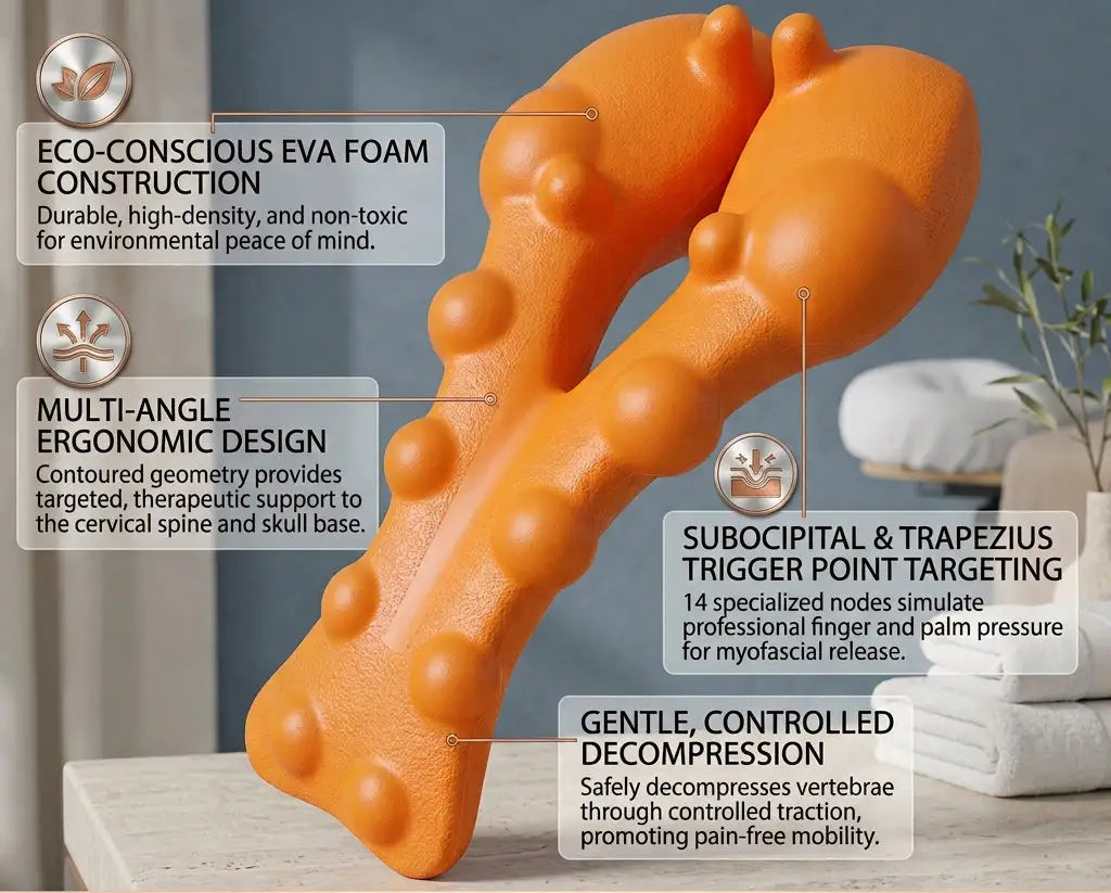 An orange contoured massage tool with raised nodules, shown on a tabletop with overlaid feature callouts about EVA foam construction, ergonomic design, trigger point targeting, and gentle decompression. The scene includes a blurred home interior background and four benefit icons along the bottom.