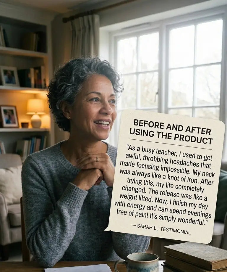 A woman sits at a wooden desk in a cozy home office environment, smiling and gesturing toward a large printed testimonial card. The card features a quote by Sarah L.