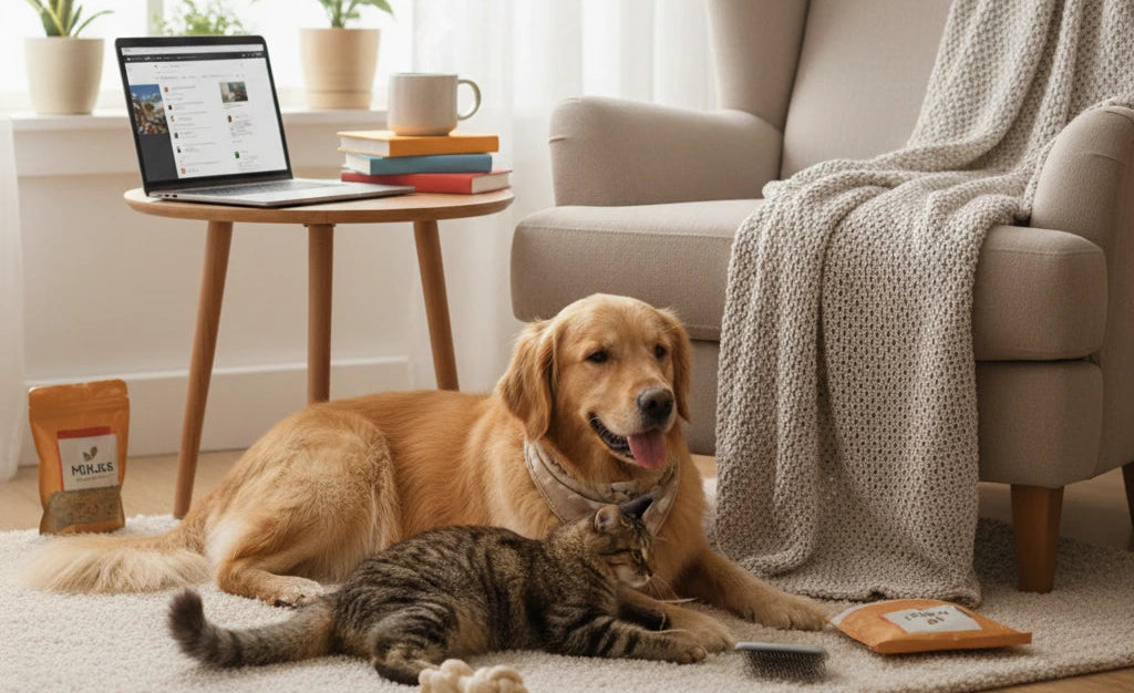 Dog and cat lying on a rug in a cozy living room with a laptop and snacks.
